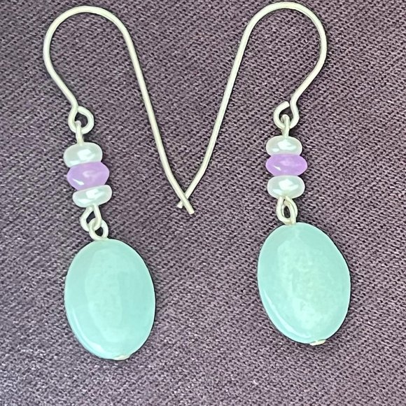 Artisan 925 Sterling Silver Semi Precious Stone Hook Earrings, Amazonite, Jade - Picture 3 of 4